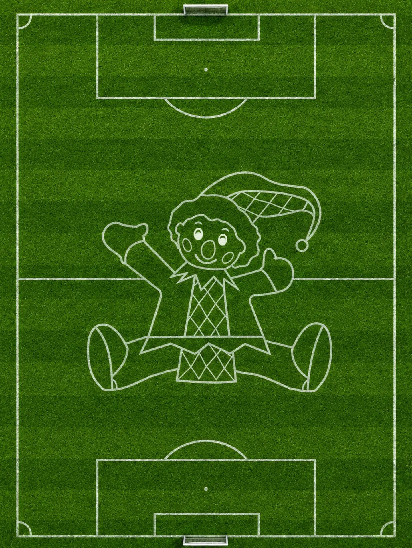 Logo del duende Kasperle trazado sobre el cesped de una cancha de futbol