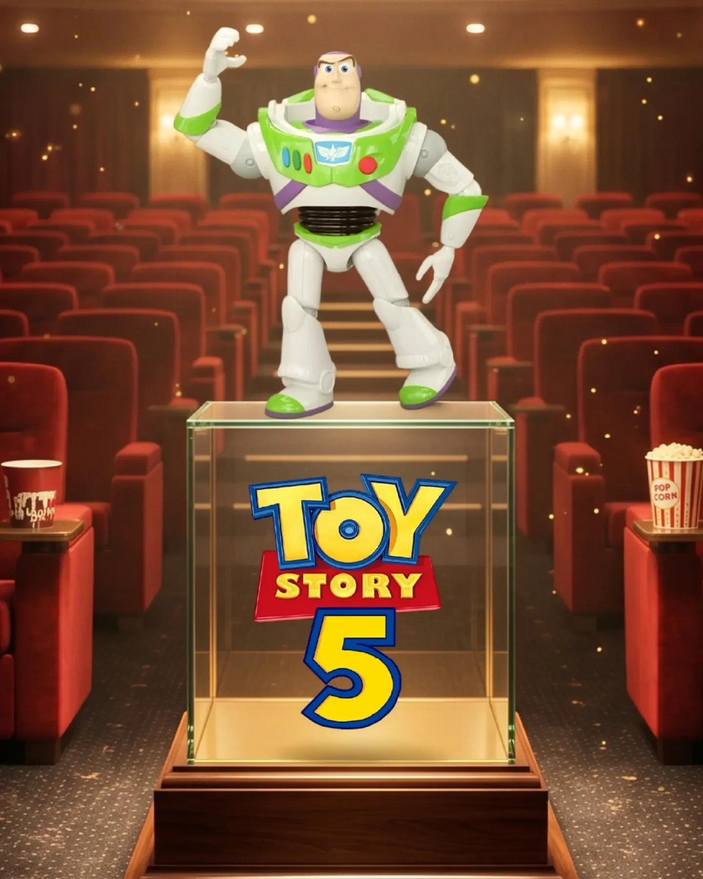 Figura de Buzz Lightyear sobre una vitrina en una sala de cine
