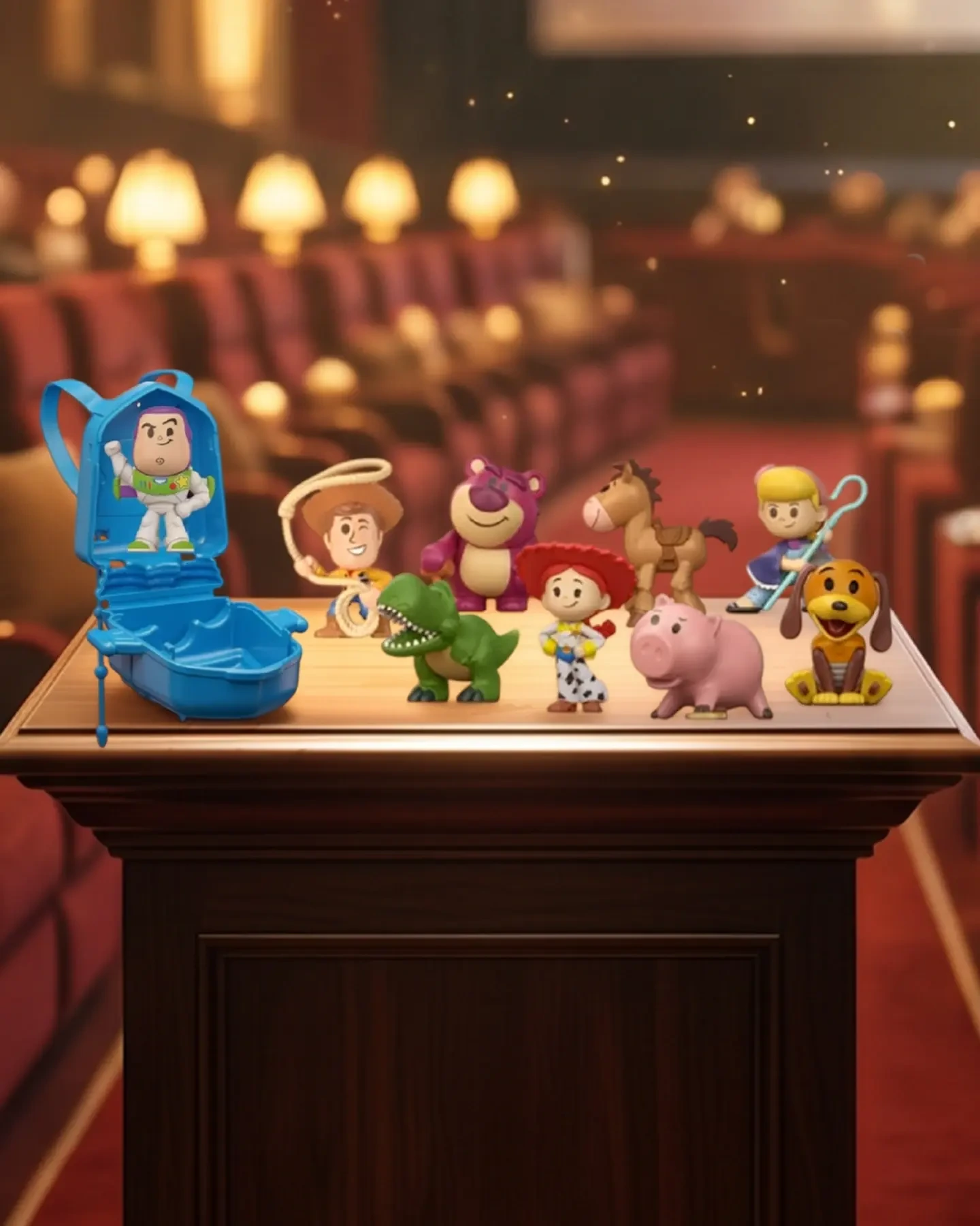 Colección de figuras miniatura de Toy Story sobre una barra de cine