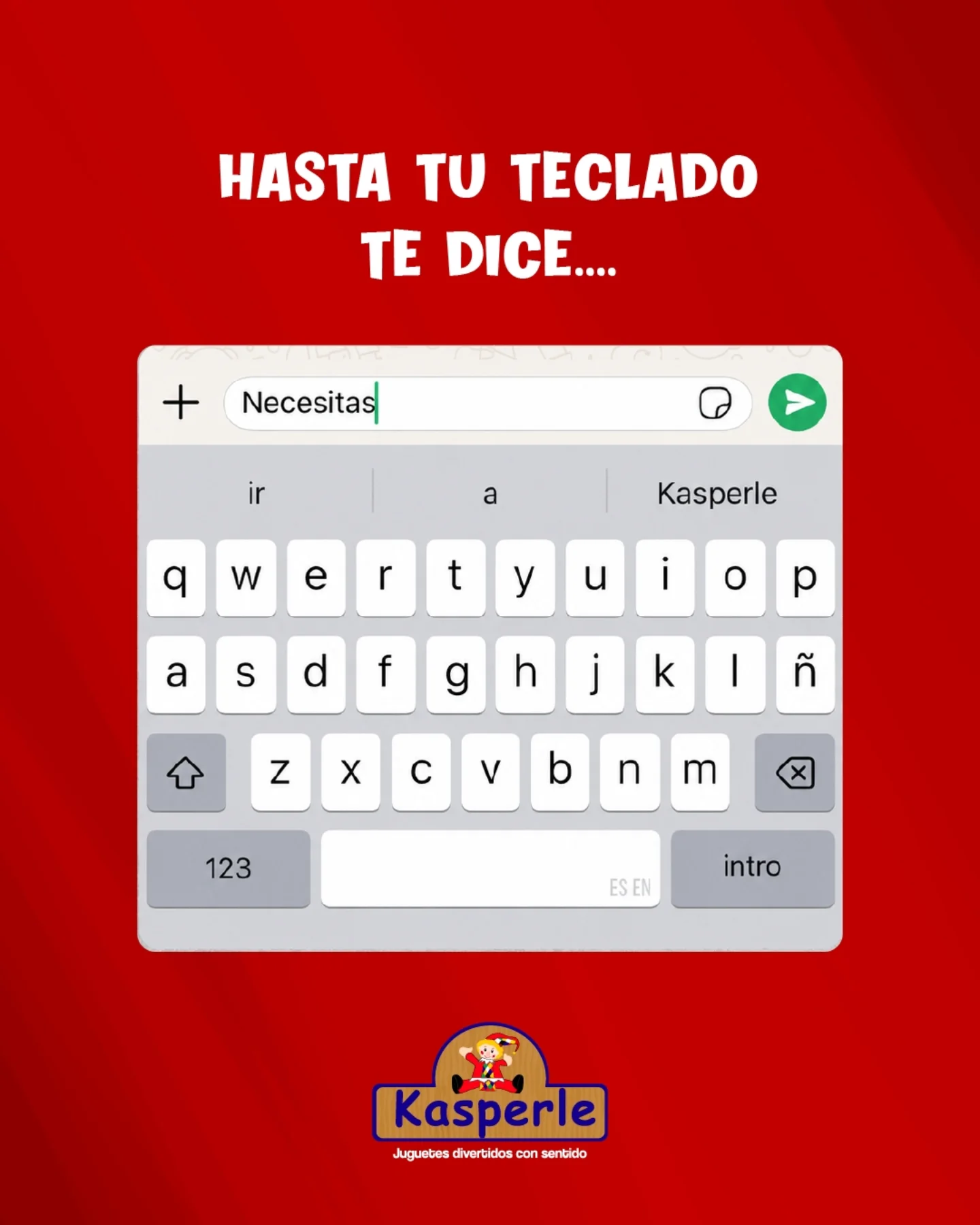 Teclado de celular sugiriendo la palabra Kasperle como texto predictivo