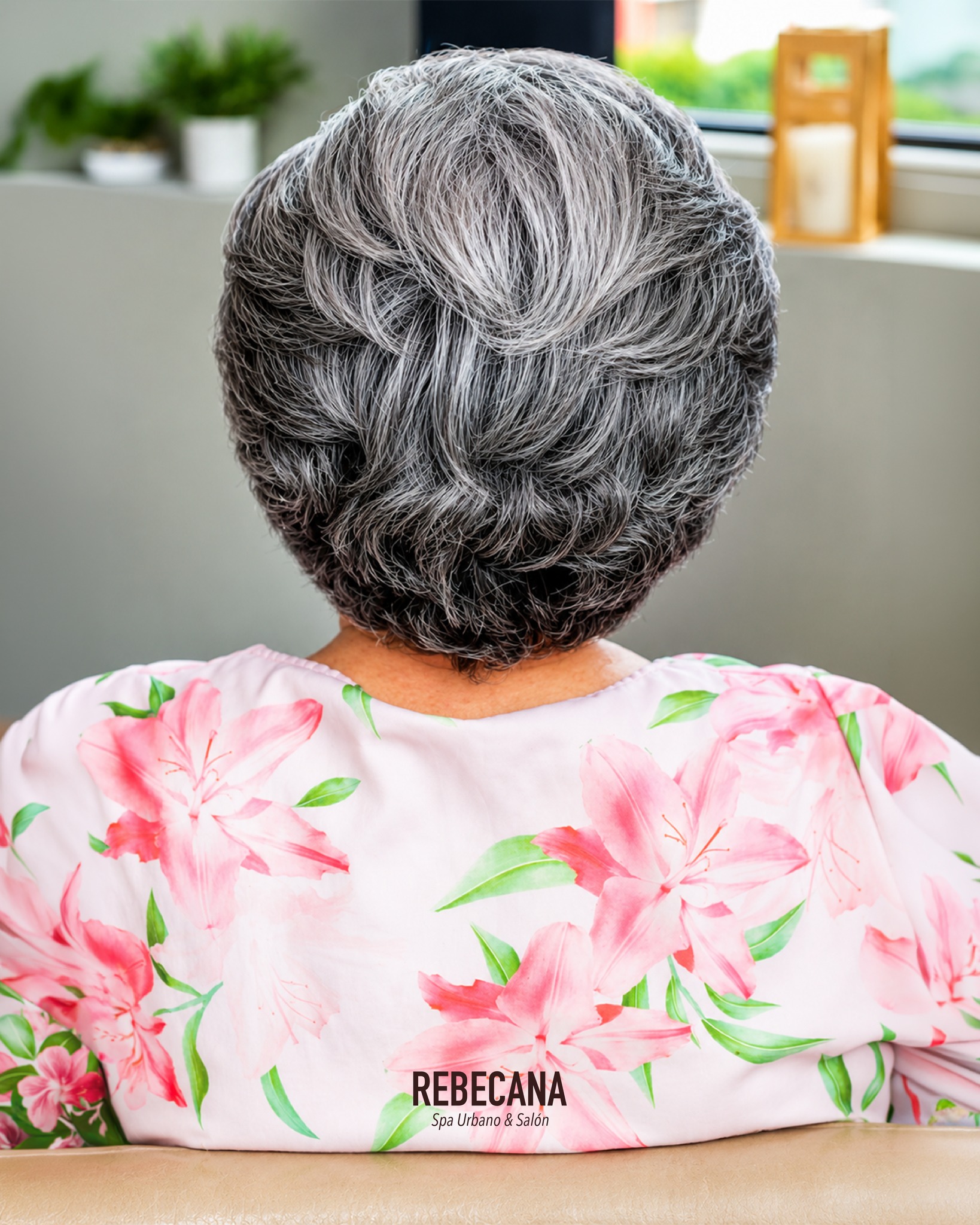 Peinado de cabello canoso trabajado en salon, visto de espaldas