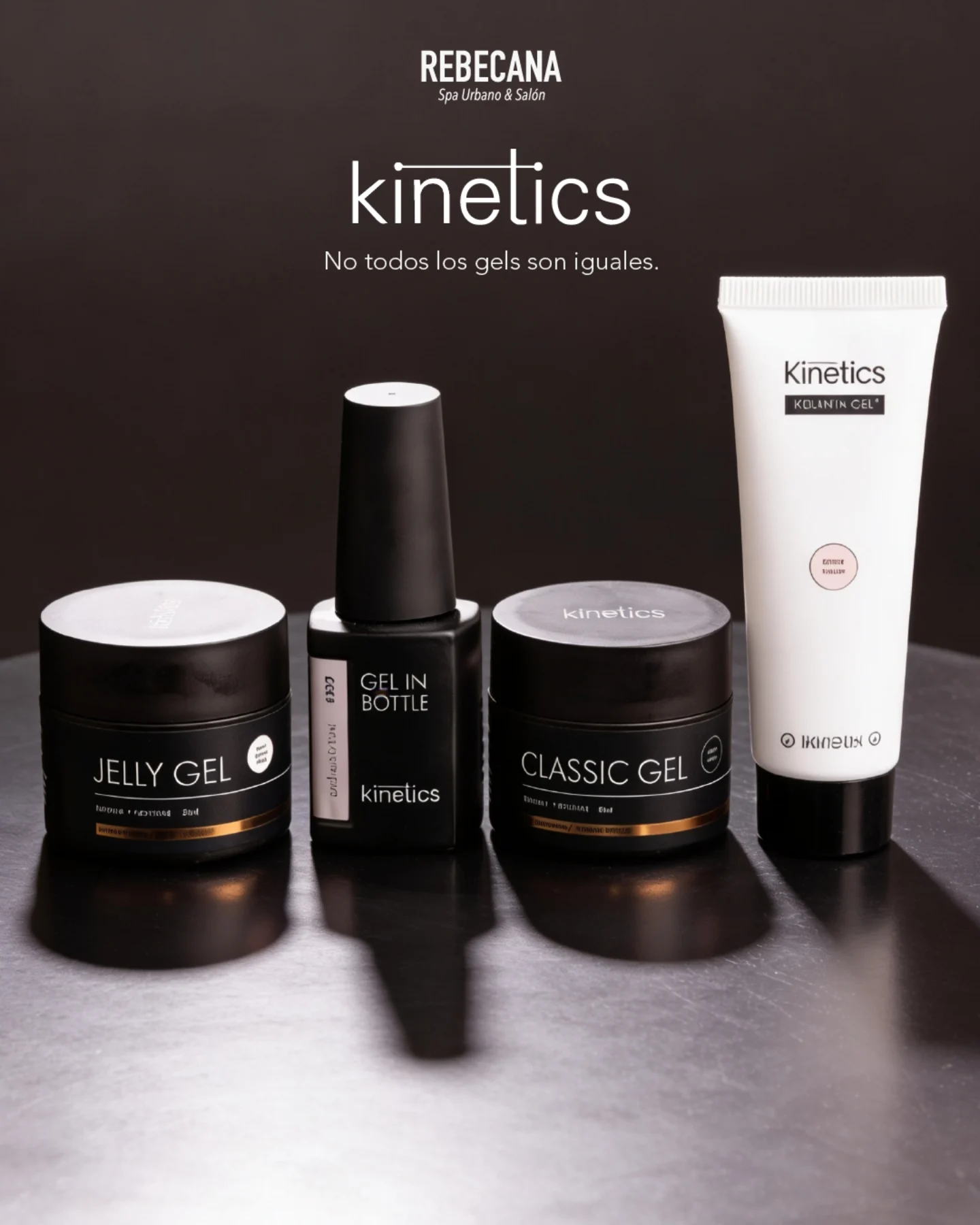 Los cuatro productos de la linea Kinetics sobre superficie metalica