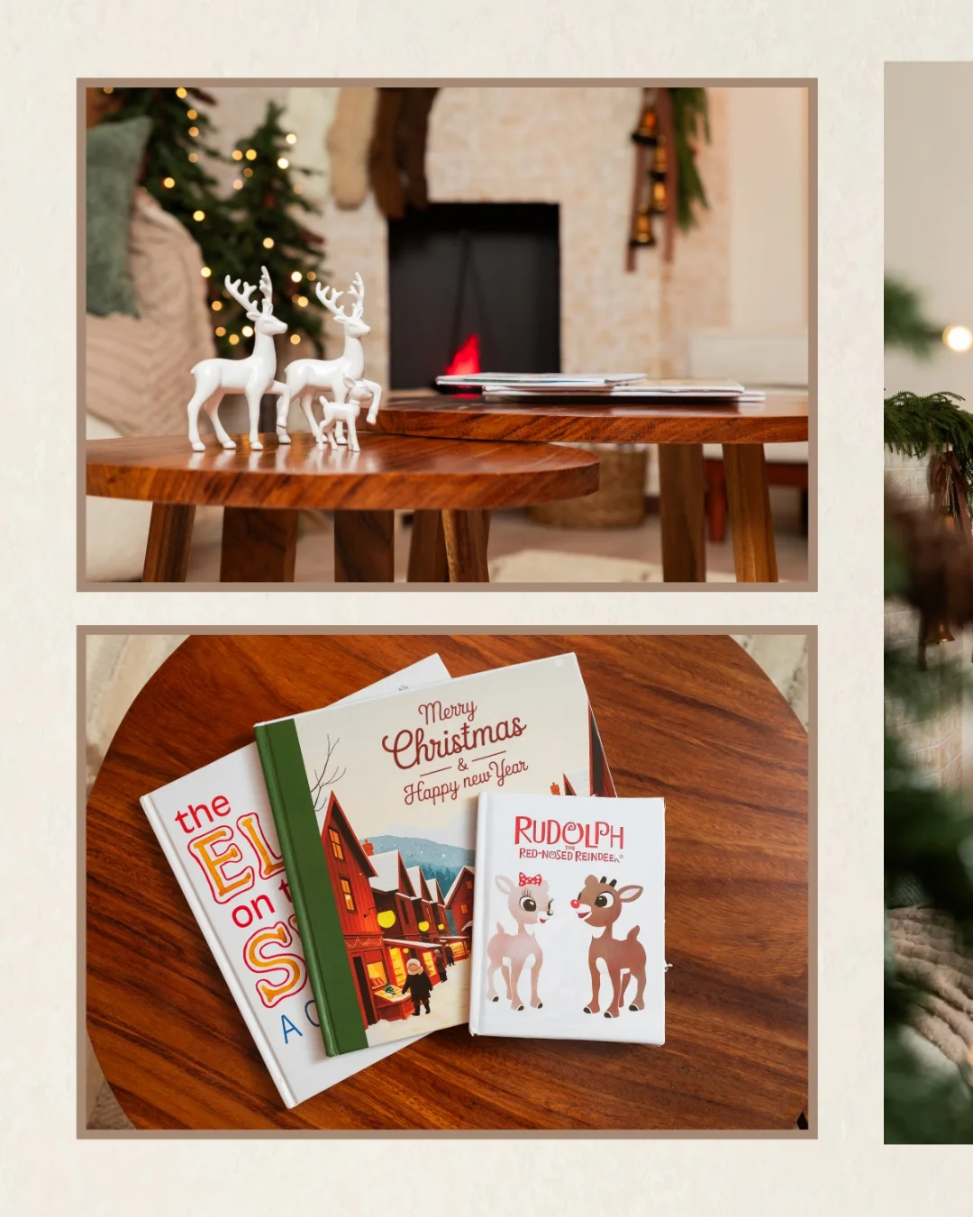 Libros navidenos y renos sobre la mesa del set