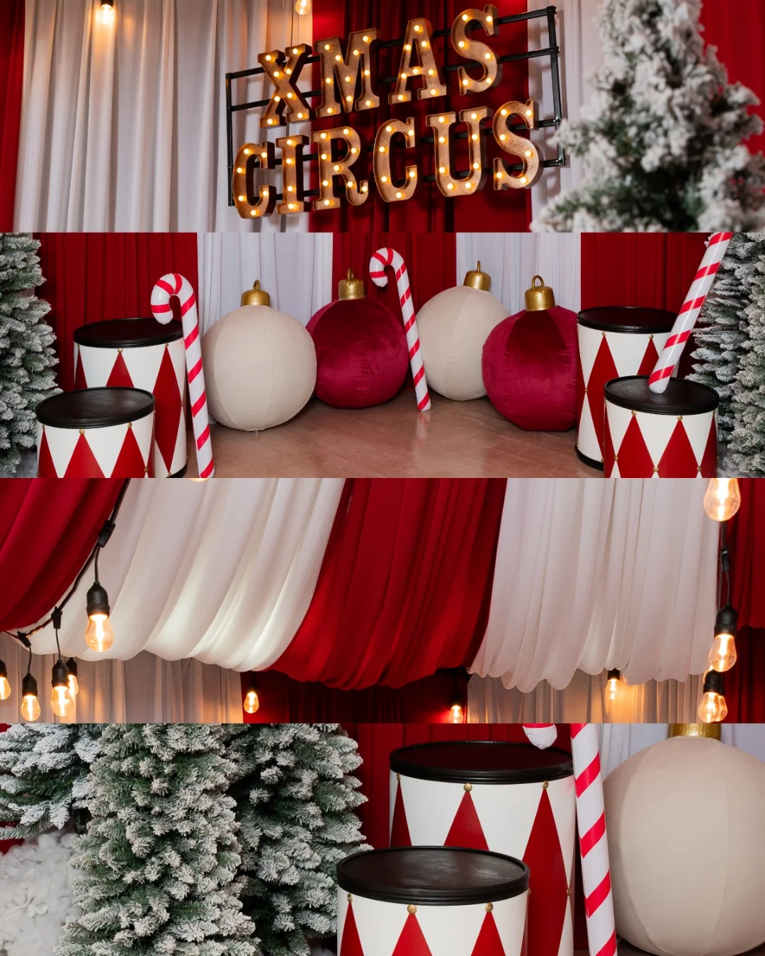 Collage de las cortinas rojas y blancas del set
