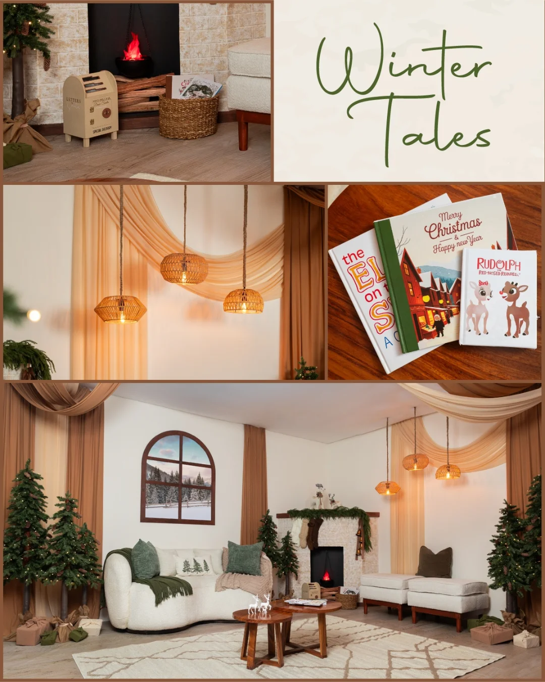 Collage del set Winter Tales con chimenea y sala
