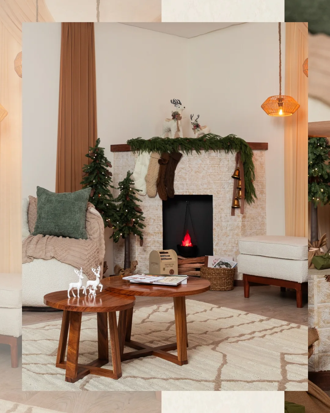 Chimenea decorada con guirnalda y medias navidenas