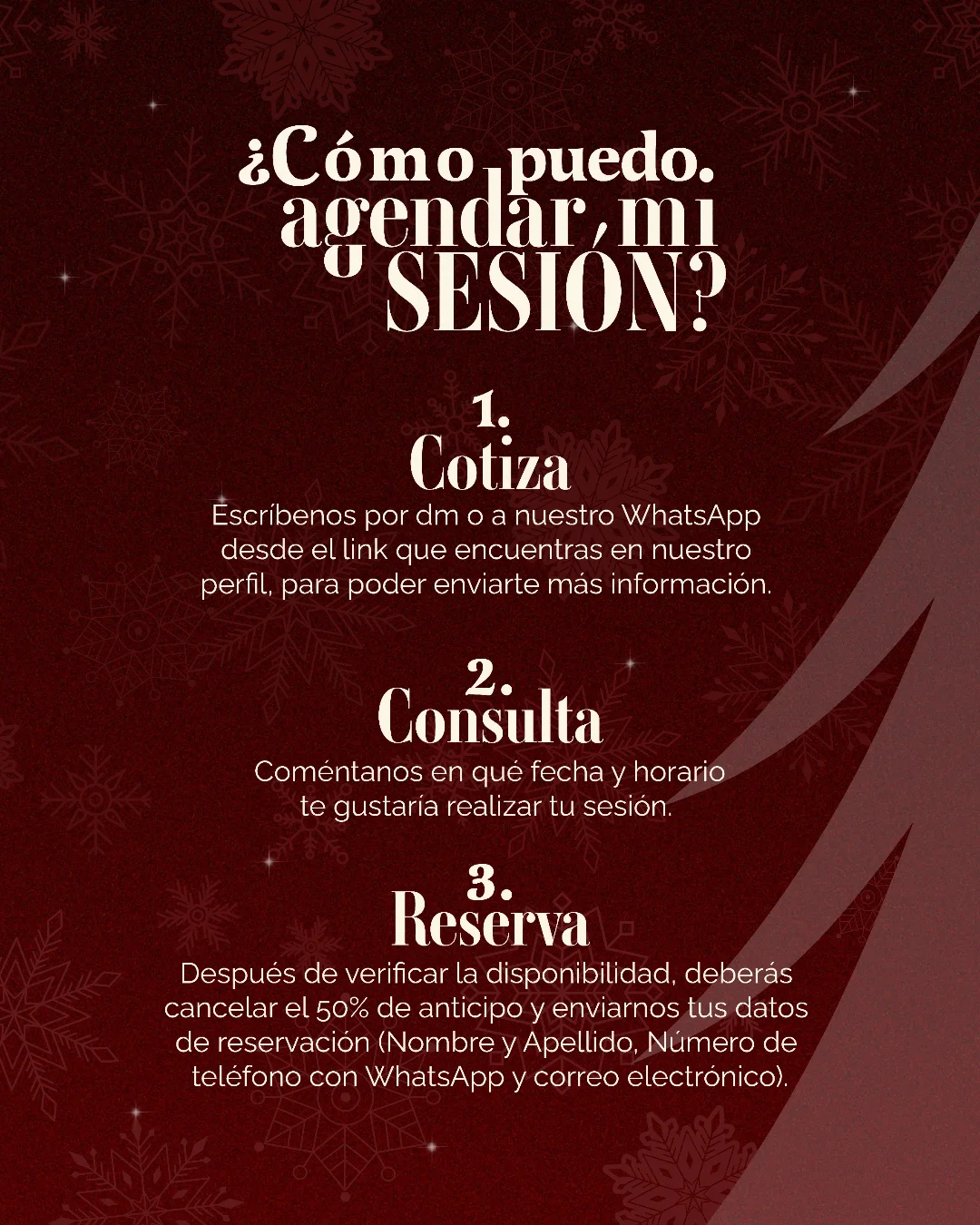 Pieza con los tres pasos para agendar la sesion navidena