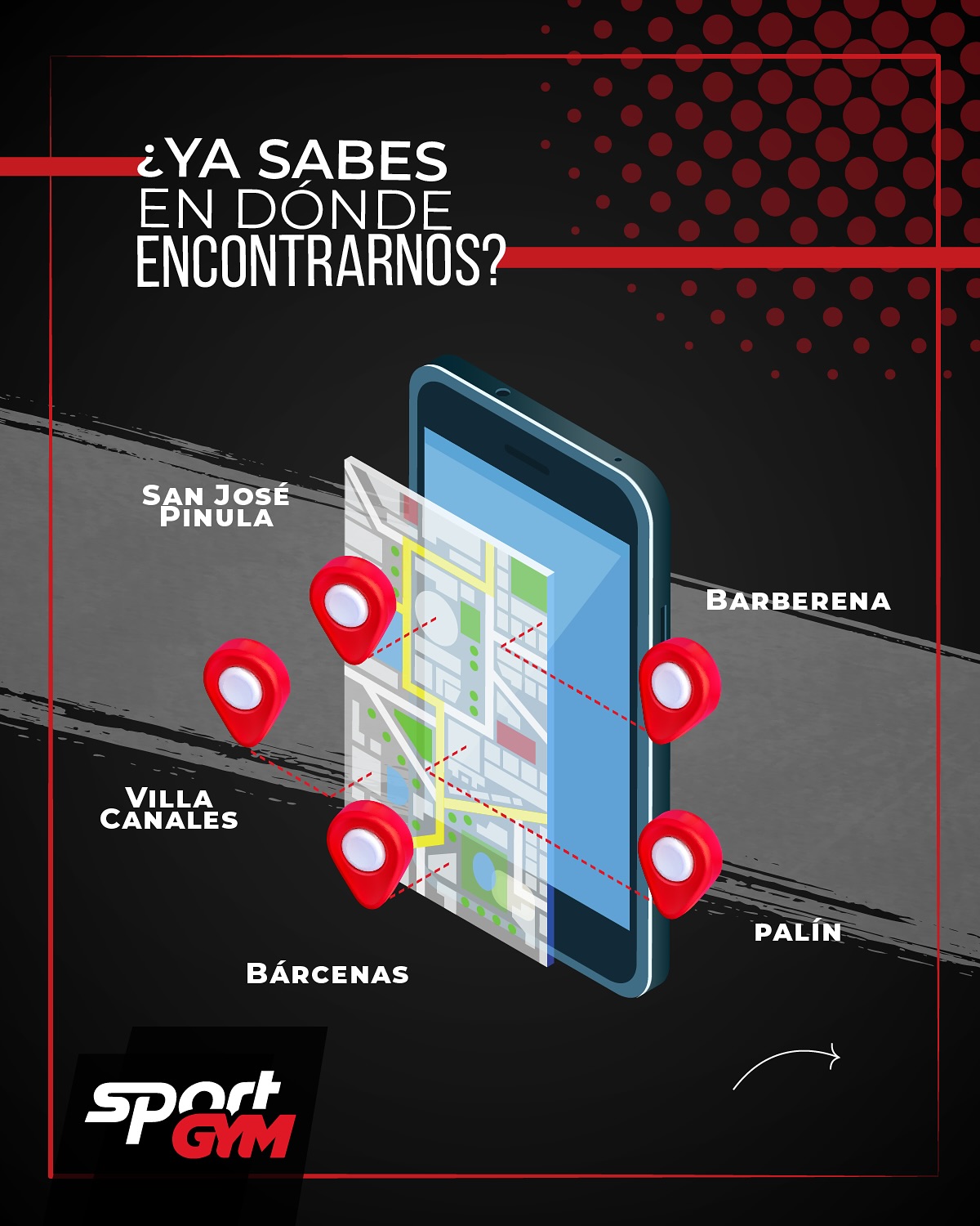 Mapa con las cinco sedes de Sport Gym en Guatemala