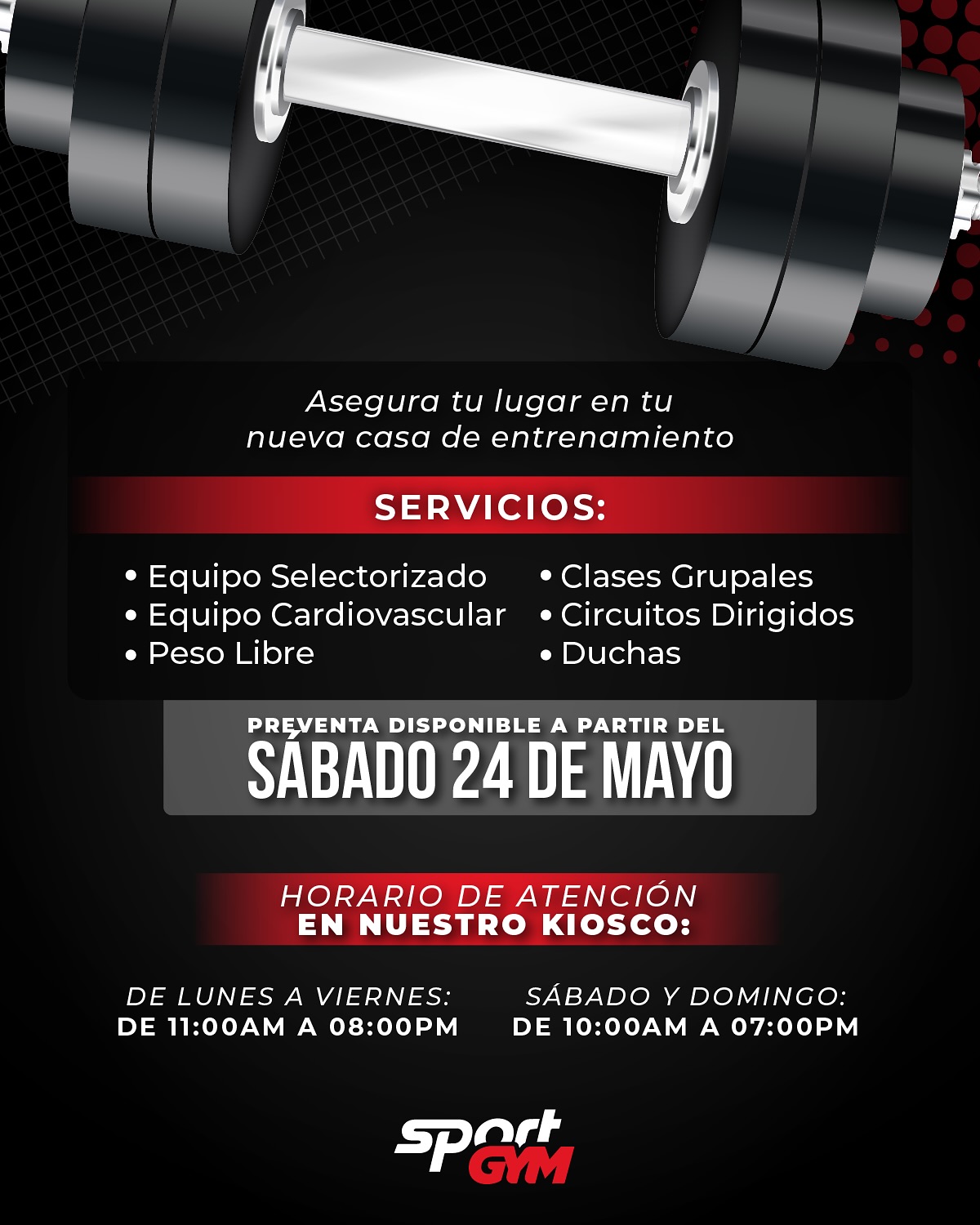 Pieza con los servicios y horarios del kiosco de preventa